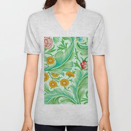 William Morris Leicester pattern,Green, Leaves, Botanical, Art Nouveau,Victorian,Nature,Decorative,Morris Arts And Crafts, V Neck T Shirt