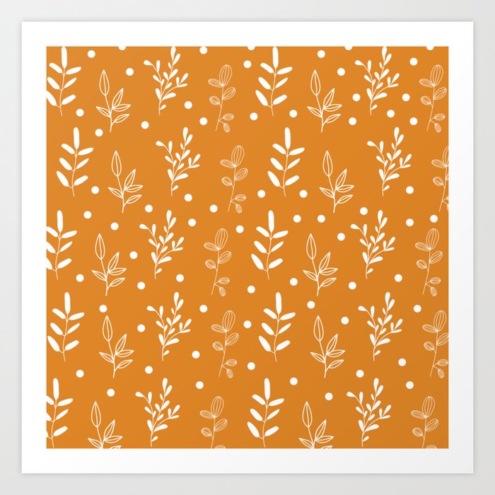 White Floral Print On Orange Background Pattern Art Print