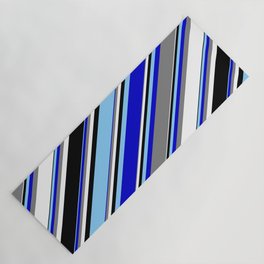 [ Thumbnail: Light Sky Blue, Blue, Gray, White, and Black Colored Striped Pattern Yoga Mat ]