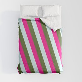 [ Thumbnail: Light Cyan, Dark Olive Green, and Deep Pink Colored Lines/Stripes Pattern Comforter ]