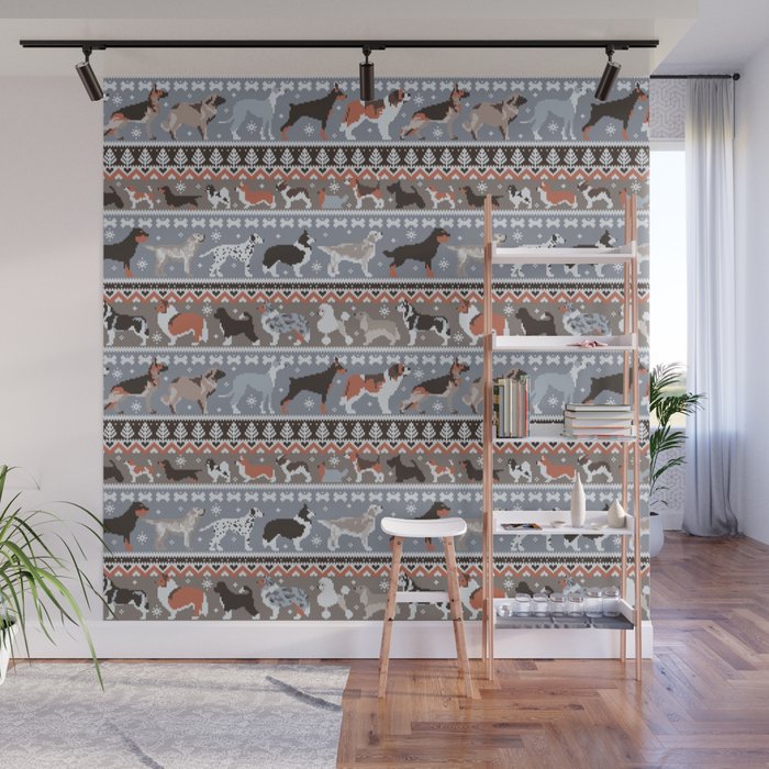 Fluffy and bright fair isle knitting doggie friends // grey and taupe brown background brown orange white and grey dog breeds  Wall Mural