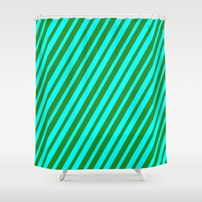 Forest Green and Aqua Colored Lined/Striped Pattern Shower Curtain