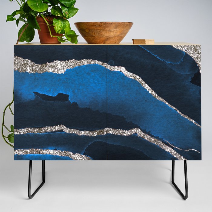 Watercolor Navy Blue And Silver Glitter Liquid Marble Abstract Pattern Credenza