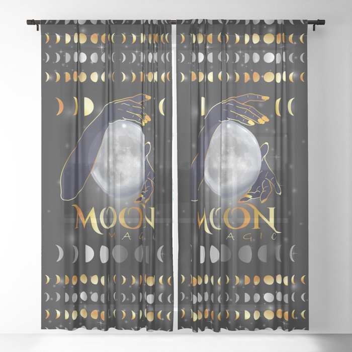 Moon phases mystical womans hands on full moon Sheer Curtain