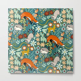 Woodland Pattern Metal Print | Leaves, Woodlandanimals, Nature, Orange, Raccoons, Animalpattern, Patterns, Forest, Woodlandpattern, Digital 