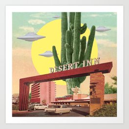 Desert Inn (Square) Art Print | Scifi, Surreal, Ufos, Vintage, Surrealism, Retro, Alien, Collage, Vegas, Extraterrestrial 