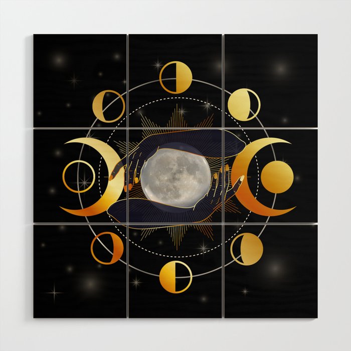 Full moon and triple goddess in hands of witch Wood Wall Art