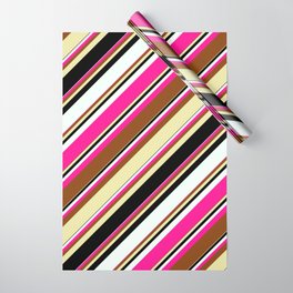 [ Thumbnail: Vibrant Brown, Pale Goldenrod, Black, Mint Cream & Deep Pink Colored Lined/Striped Pattern Wrapping Paper ]
