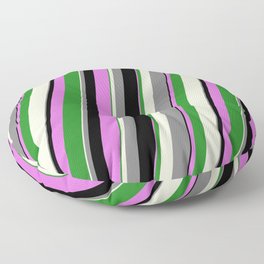 [ Thumbnail: Vibrant Beige, Gray, Black, Orchid & Forest Green Colored Stripes Pattern Floor Pillow ]