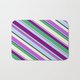 [ Thumbnail: Eye-catching Orchid, Powder Blue, Purple, Sea Green & Beige Colored Stripes/Lines Pattern Bath Mat ]