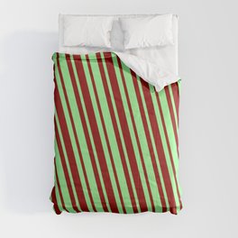 [ Thumbnail: Green & Dark Red Colored Lined Pattern Comforter ]