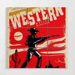Western movies marathon retro poster design layout. Cinema festival. Vintage film poster with cowboy and wild west landscape.  Wood Wall Art