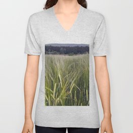 Green wheat field by the river agriculture landscape in the country V Neck T Shirt