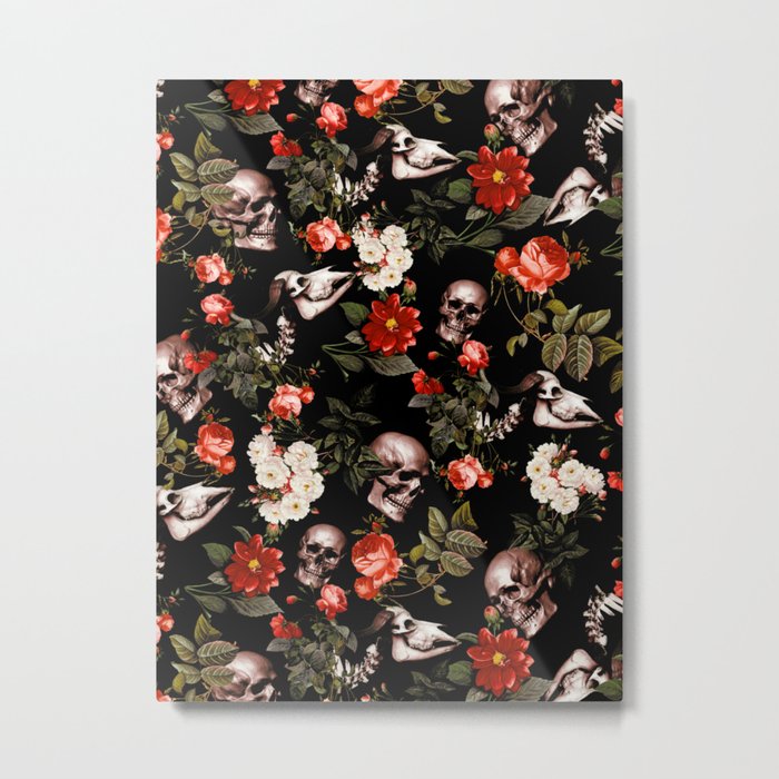 Floral and Skull Dark Pattern Metal Print