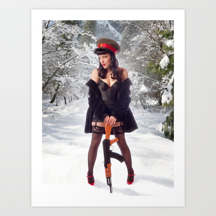 "Sovietsky on Ice" - The Playful Pinup - Russian Theme Pin-up Girl in Snow by Maxwell H. Johnson Art Print