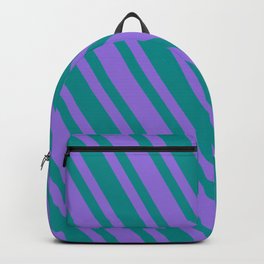[ Thumbnail: Dark Cyan & Purple Colored Lined/Striped Pattern Backpack ]
