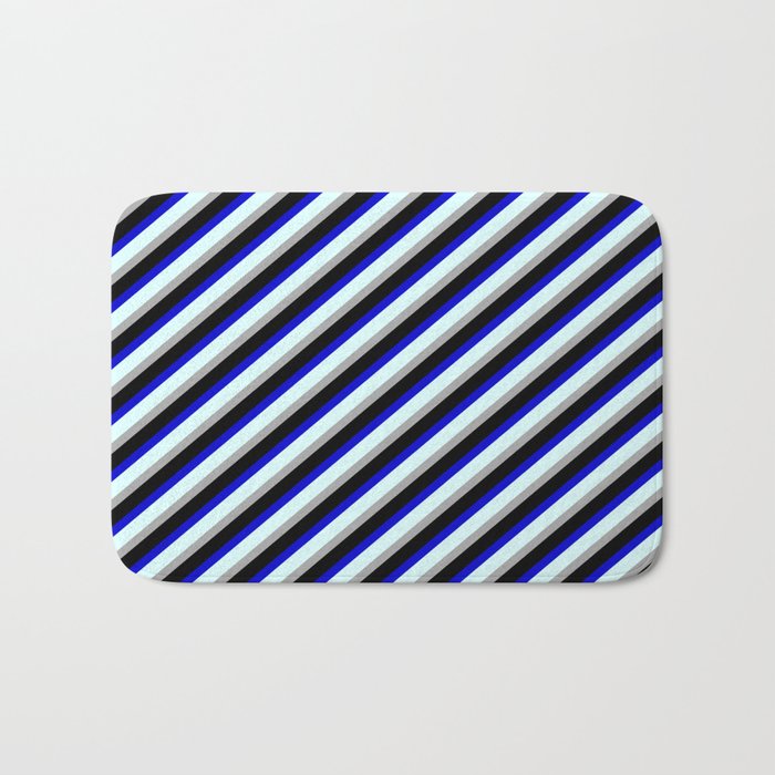 Blue, Light Cyan, Dark Gray, and Black Colored Lines Pattern Bath Mat