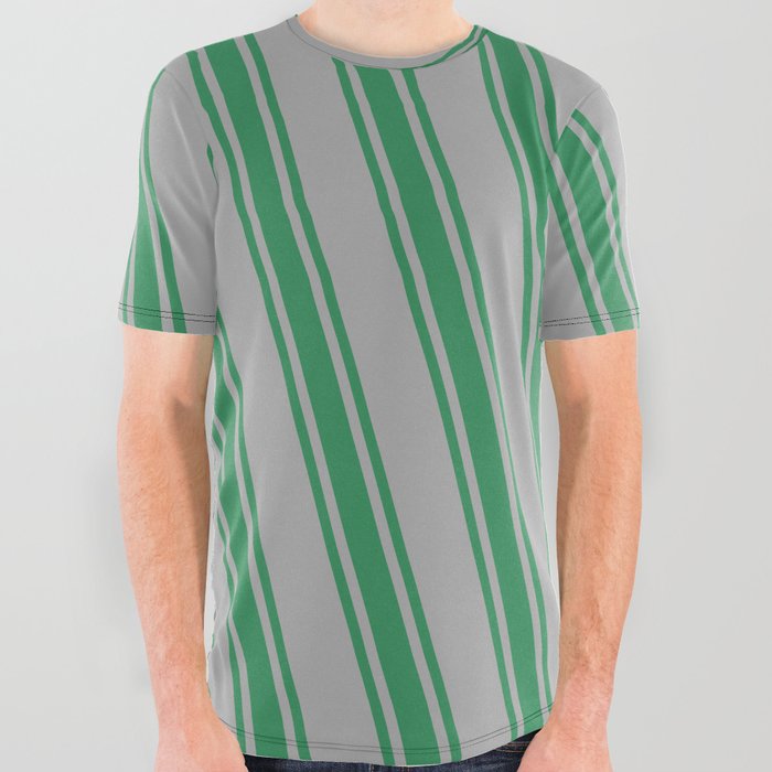 Dark Gray and Sea Green Colored Stripes/Lines Pattern All Over Graphic Tee
