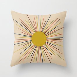 Mid-Century Modern Sunburst - Minimalist Abstract Sun in Mid Mod Mustard, Orange, Olive, Blue, and Beige Throw Pillow