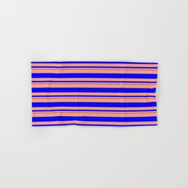 [ Thumbnail: Light Salmon & Blue Colored Lined/Striped Pattern Hand & Bath Towel ]