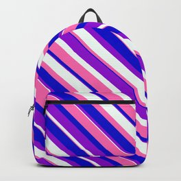[ Thumbnail: Dark Violet, Mint Cream, Hot Pink, and Blue Colored Stripes/Lines Pattern Backpack ]