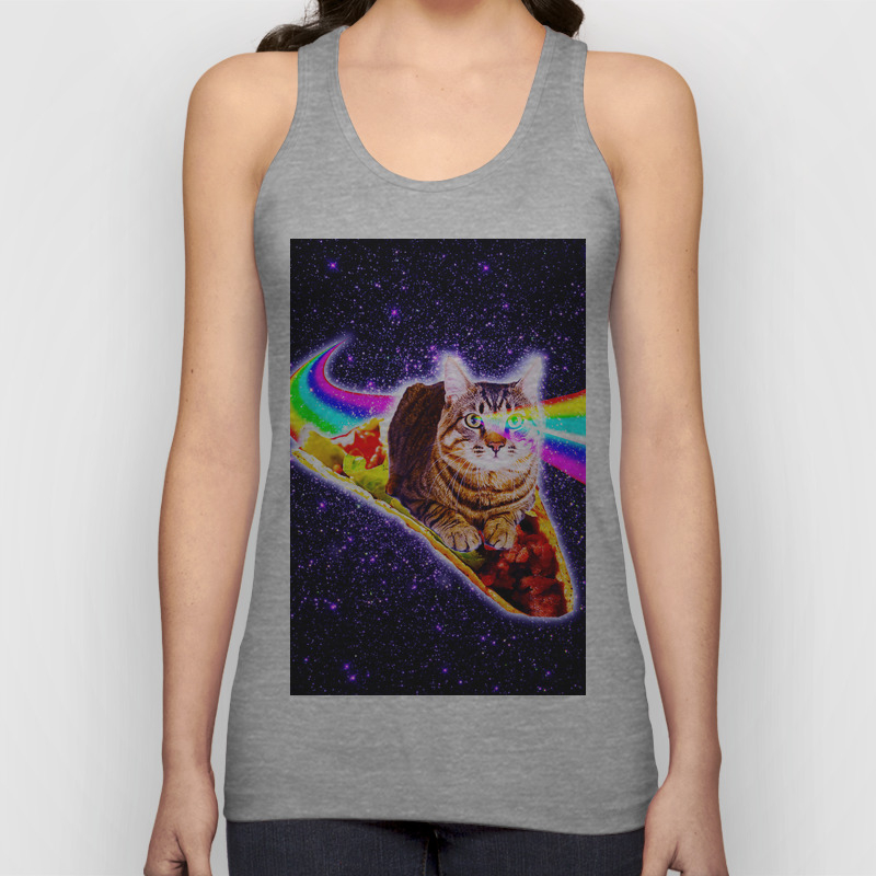 Rainbow Laser Eyes Galaxy Cat Riding Taco Unisex Tank Top By
