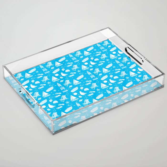 Turquoise And White Summer Beach Elements Pattern Acrylic Tray