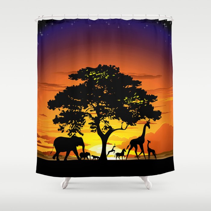 Wild Animals on African Savanna Sunset Shower Curtain