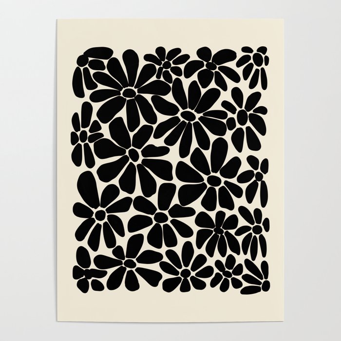 Black and White Retro Floral Art Print  Poster
