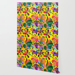 Trippy Tropical Flowers Yellow Wallpaper