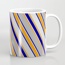 [ Thumbnail: Dark Grey, Dark Blue, Light Gray & Dark Orange Colored Lines/Stripes Pattern Coffee Mug ]