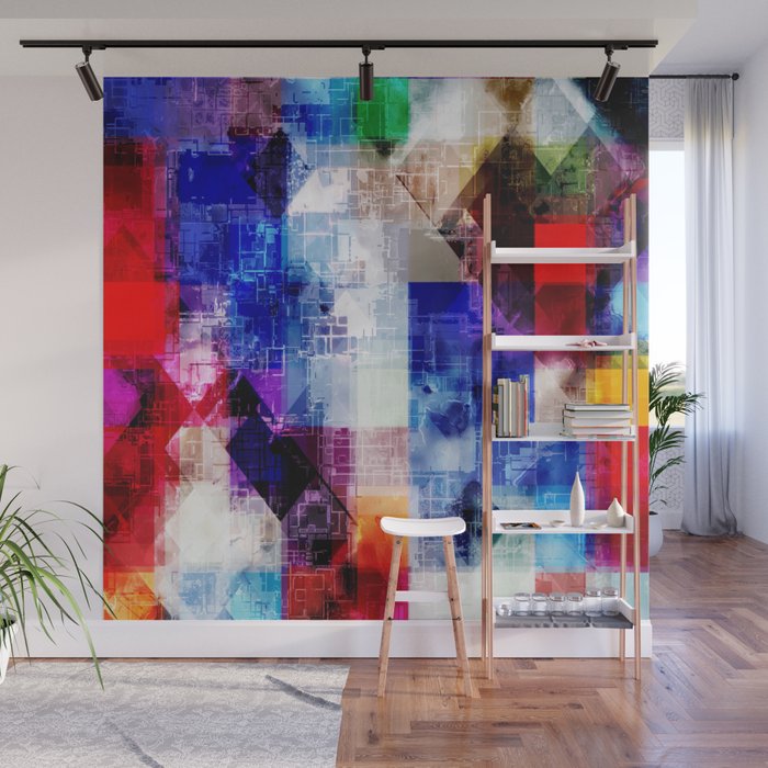 pop art geometric pixel square pattern abstract background in blue pink red Wall Mural
