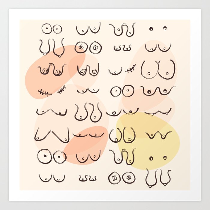 Colorful All Skin Breast Print, Sexy Boobs Line Art, Breast Poster