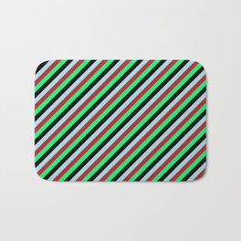 [ Thumbnail: Light Blue, Red, Green & Black Colored Striped/Lined Pattern Bath Mat ]
