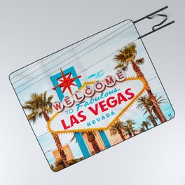 Classic view of Welcome to Fabulous Las Vegas sign on a beautiful sunny day with blue sky and clouds, Las Vegas, Nevada, USA Picnic Blanket