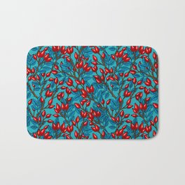 Rose hips, red and blue Bath Mat | Wild, Dogrose, Botanical, Drawing, Fall, Painting, Vector, Autumn, Rose, Pattern 