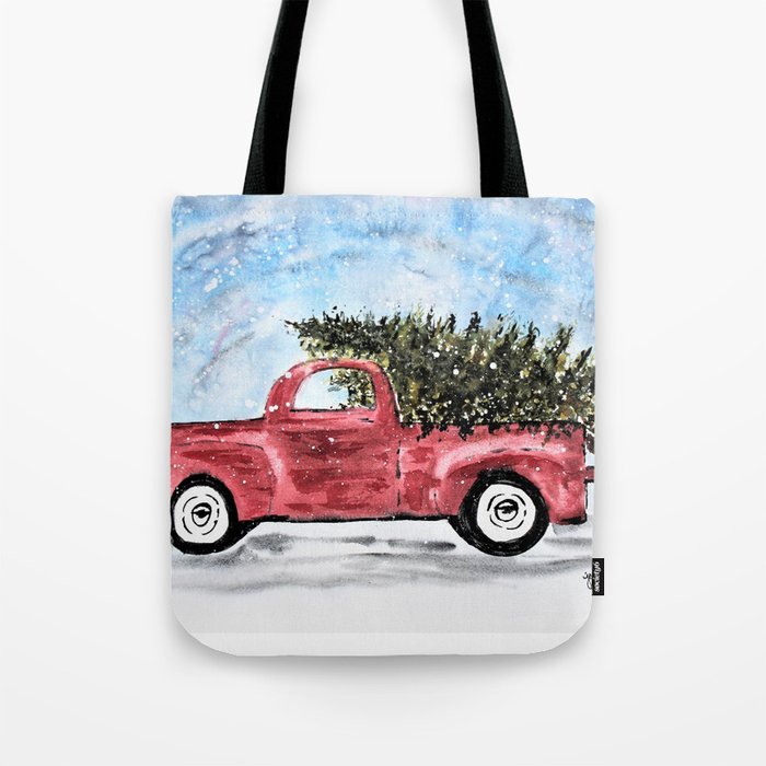 Vintage Red Christmas Truck with Tree Watercolor Tote Bag