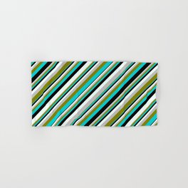 [ Thumbnail: Colorful Grey, Green, Dark Turquoise, Black, and Mint Cream Colored Lined/Striped Pattern Hand & Bath Towel ]