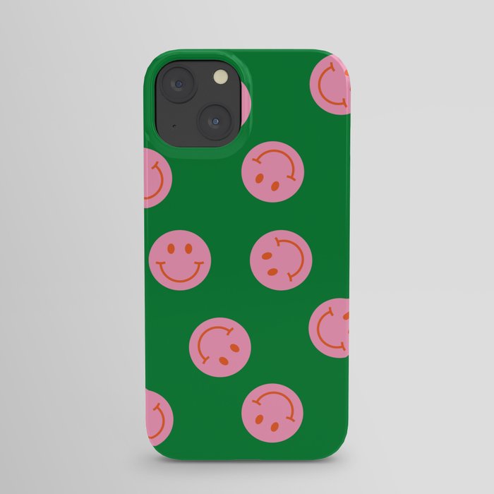 70s Retro Smiley Face Pattern in Pink, Green & Orange iPhone Case