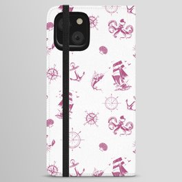 Magenta Silhouettes Of Vintage Nautical Pattern iPhone Wallet Case