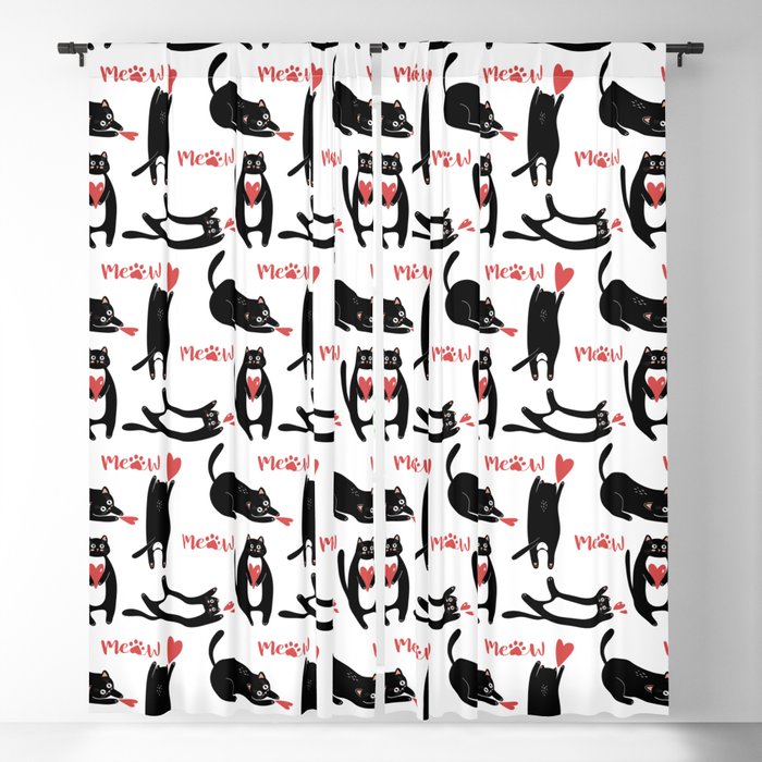 Cute black cats playing with hearts and meow Blackout Curtain