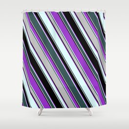 [ Thumbnail: Dark Orchid, Light Cyan, Dark Slate Gray, Grey, and Black Colored Lines Pattern Shower Curtain ]