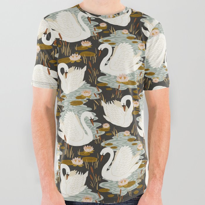 Swan Dance Pattern in Charcoal Background All Over Graphic Tee