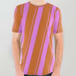[ Thumbnail: Violet and Chocolate Colored Lined/Striped Pattern All Over Graphic Tee ]