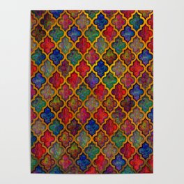 Moroccan tile red blue green iridescent pattern Poster