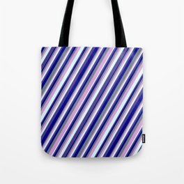 [ Thumbnail: Slate Gray, Plum, Light Cyan, Dark Slate Blue, and Dark Blue Colored Lined/Striped Pattern Tote Bag ]