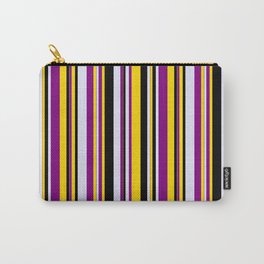 [ Thumbnail: Yellow, Purple, Lavender & Black Colored Striped/Lined Pattern Carry-All Pouch ]