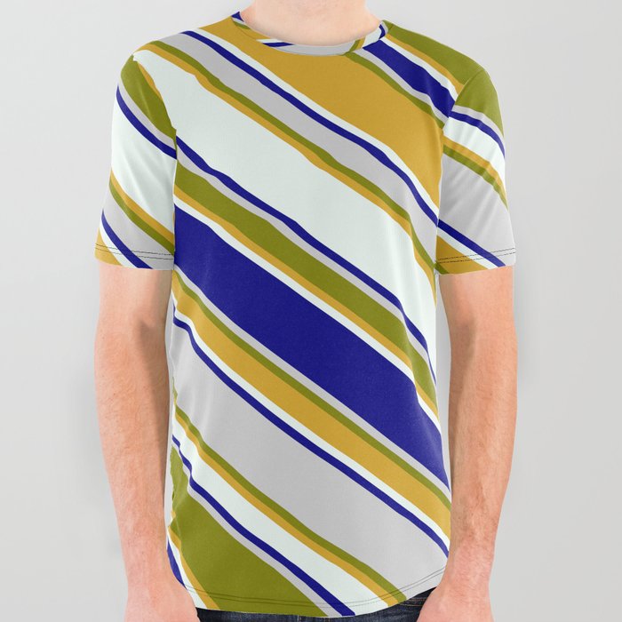 Colorful Light Gray, Green, Goldenrod, Mint Cream, and Blue Colored Pattern of Stripes All Over Graphic Tee