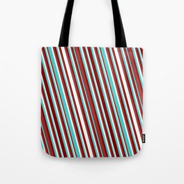 [ Thumbnail: Turquoise, Maroon, Brown & Mint Cream Colored Pattern of Stripes Tote Bag ]