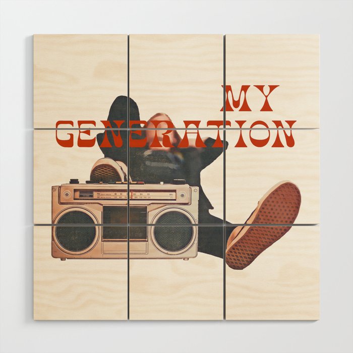 The generation of the '80s. Illustration of a boy relaxes by listening vintage music Wood Wall Art